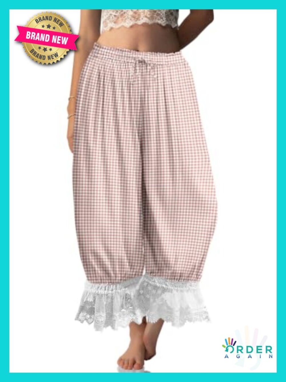 Linen Lace Trim Long Bloomers Pants with Pocket, Tie Front, Wide Leg Harem Pant